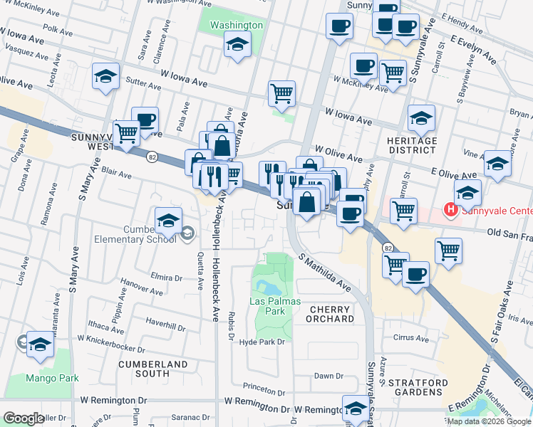 map of restaurants, bars, coffee shops, grocery stores, and more near 541 Holthouse Terrace in Sunnyvale