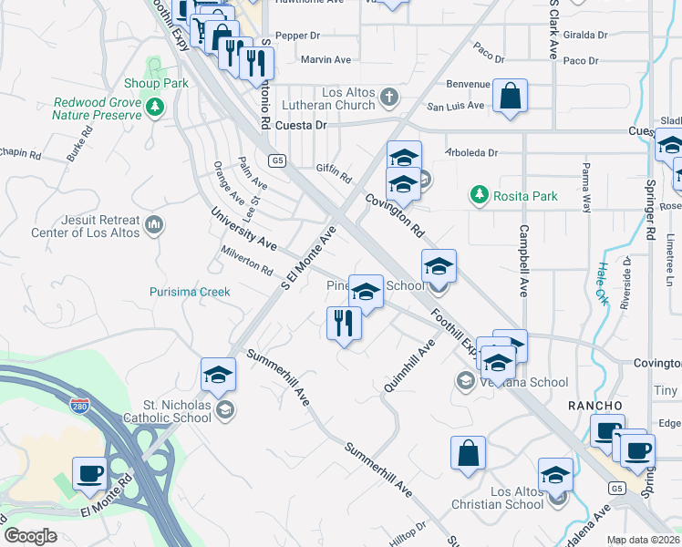 map of restaurants, bars, coffee shops, grocery stores, and more near 807 University Avenue in Los Altos
