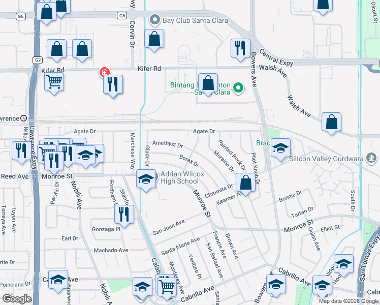 map of restaurants, bars, coffee shops, grocery stores, and more near 2536 Amethyst Drive in Santa Clara