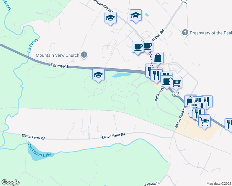 map of restaurants, bars, coffee shops, grocery stores, and more near 1021 Blue Ridge View Circle in Forest