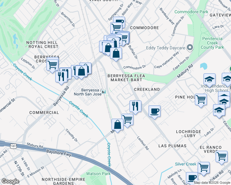map of restaurants, bars, coffee shops, grocery stores, and more near 1626 Salamoni Court in San Jose