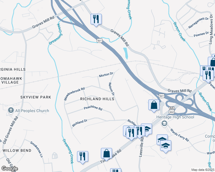 map of restaurants, bars, coffee shops, grocery stores, and more near 1417 Nelson Drive in Lynchburg