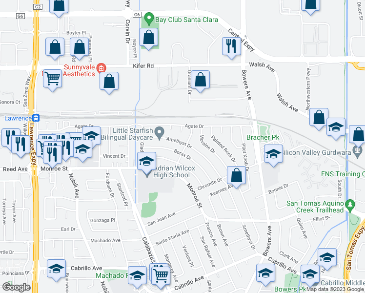 map of restaurants, bars, coffee shops, grocery stores, and more near 2536 Amethyst Drive in Santa Clara