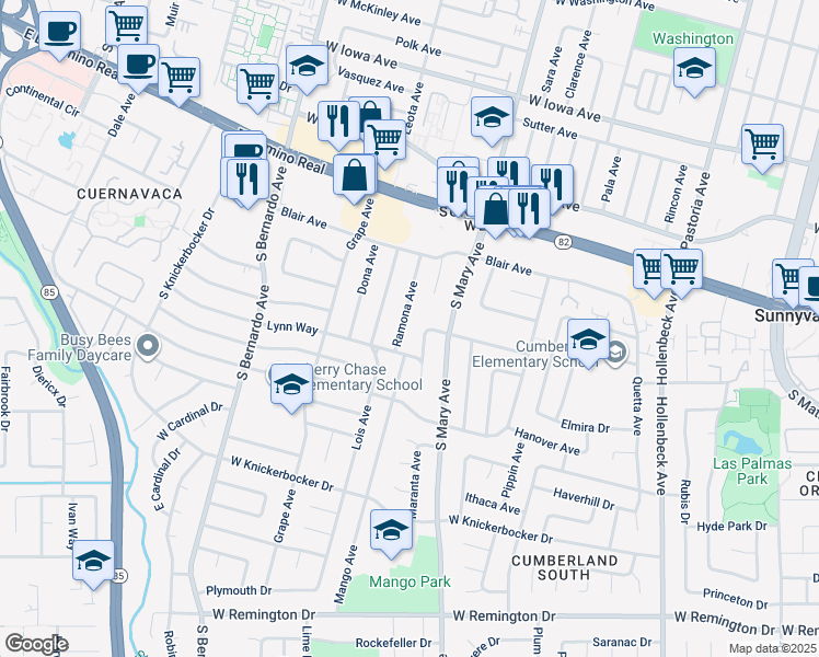 map of restaurants, bars, coffee shops, grocery stores, and more near 794 Ramona Avenue in Sunnyvale