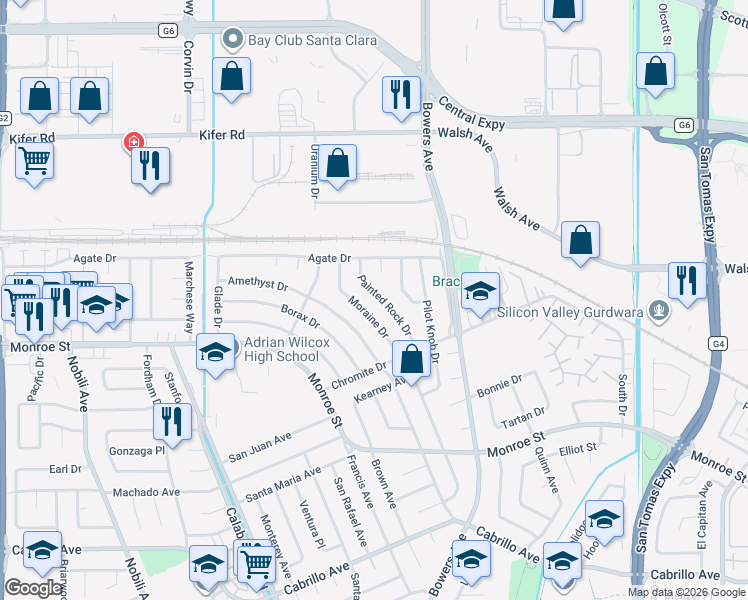 map of restaurants, bars, coffee shops, grocery stores, and more near 2542 Painted Rock Drive in Santa Clara