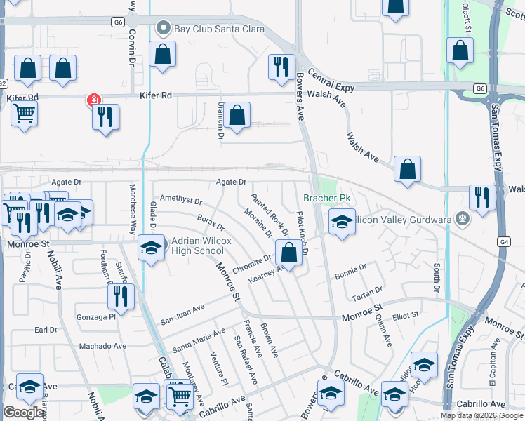 map of restaurants, bars, coffee shops, grocery stores, and more near 2542 Painted Rock Drive in Santa Clara