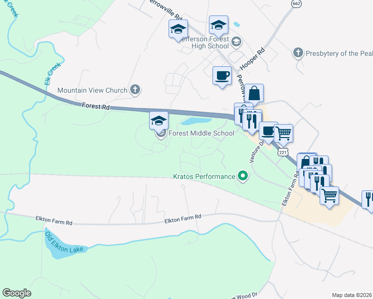 map of restaurants, bars, coffee shops, grocery stores, and more near 1095 Middle View Drive in Forest