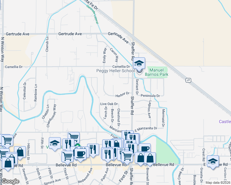 map of restaurants, bars, coffee shops, grocery stores, and more near 3328 Lighthouse Court in Atwater