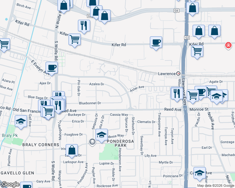 map of restaurants, bars, coffee shops, grocery stores, and more near 1020 Aster Avenue in Sunnyvale