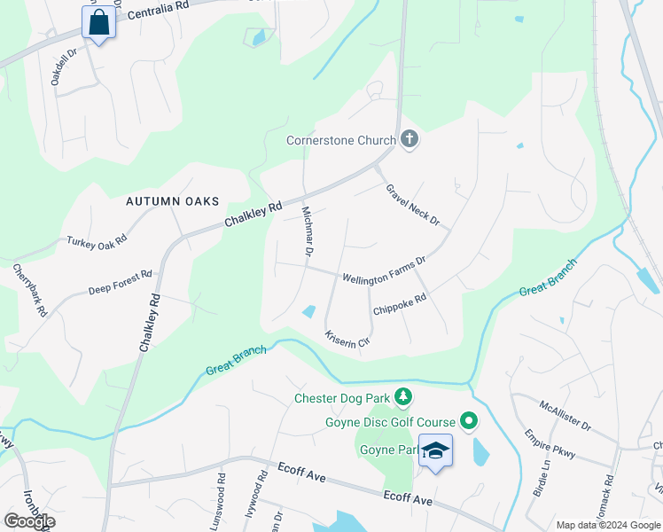 map of restaurants, bars, coffee shops, grocery stores, and more near 10612 Krenmore Lane in Chester