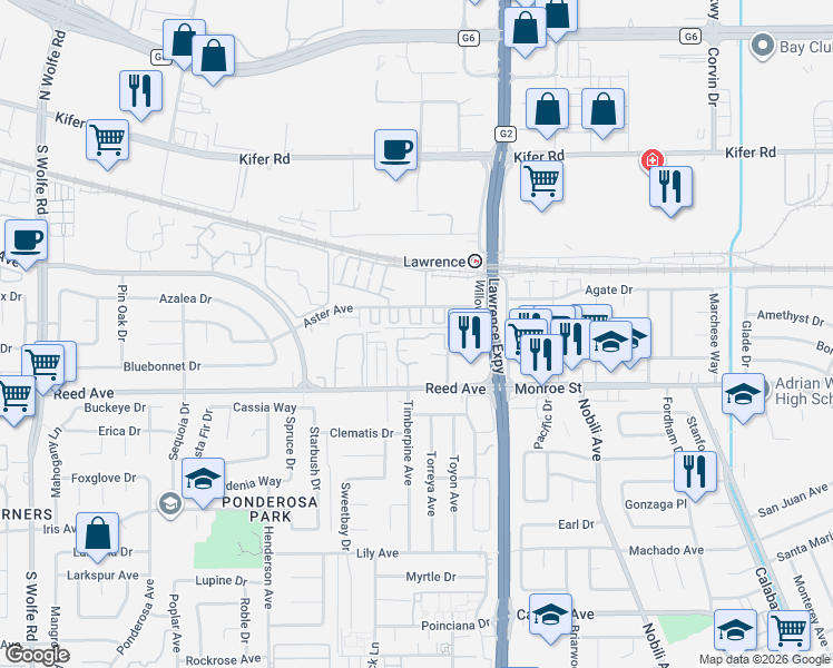 map of restaurants, bars, coffee shops, grocery stores, and more near 1123 Reed Avenue in Sunnyvale