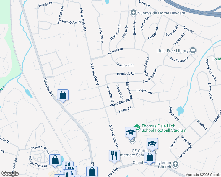 map of restaurants, bars, coffee shops, grocery stores, and more near 11411 Rochelle Road in Chester