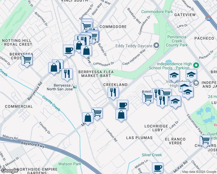 map of restaurants, bars, coffee shops, grocery stores, and more near 717 Creekland Circle in San Jose
