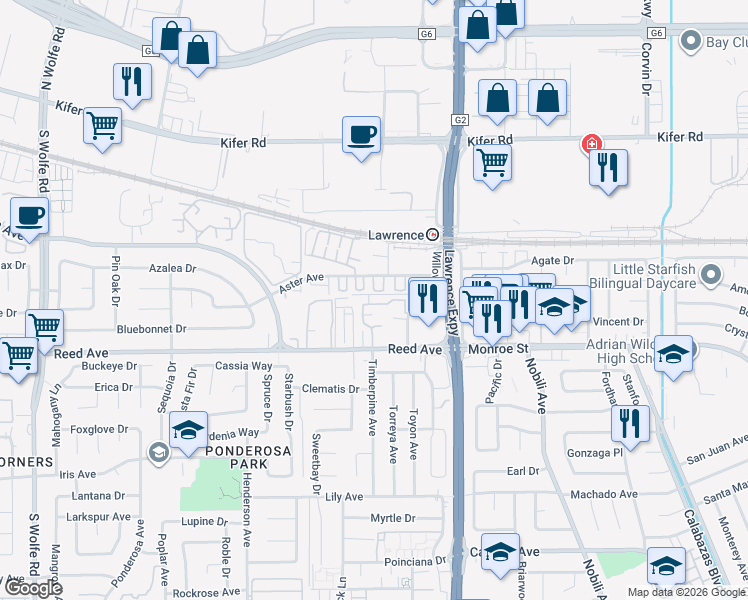 map of restaurants, bars, coffee shops, grocery stores, and more near 1117 Reed Avenue in Sunnyvale