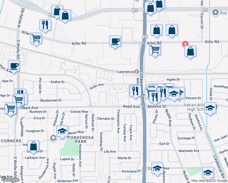 map of restaurants, bars, coffee shops, grocery stores, and more near 1042 Reed Terrace in Sunnyvale