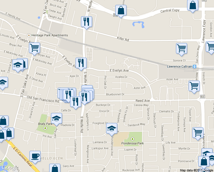 map of restaurants, bars, coffee shops, grocery stores, and more near 930 Bermuda Court in Sunnyvale