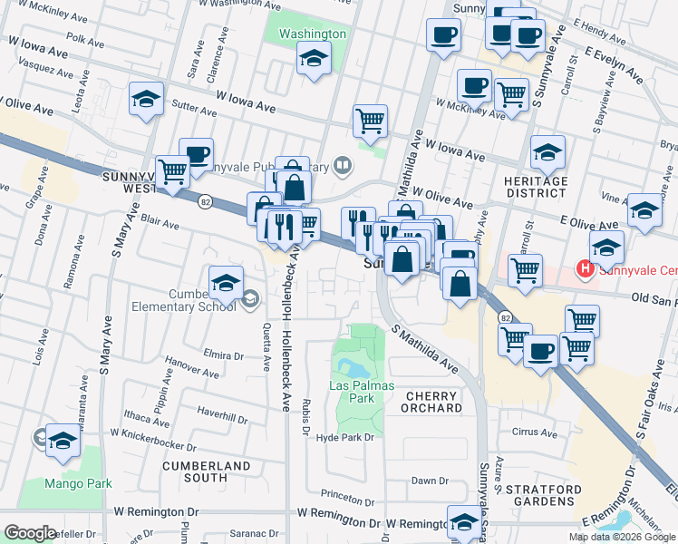 map of restaurants, bars, coffee shops, grocery stores, and more near 536 Holthouse Terrace in Sunnyvale