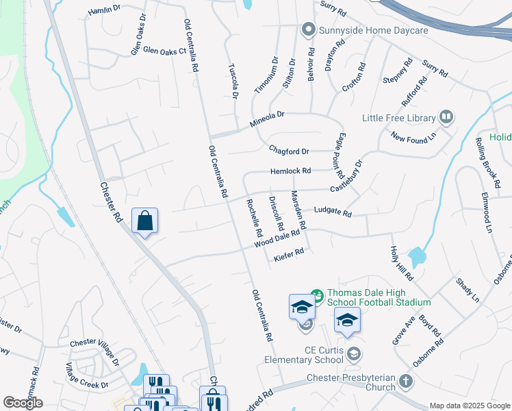 map of restaurants, bars, coffee shops, grocery stores, and more near 11411 Rochelle Road in Chester
