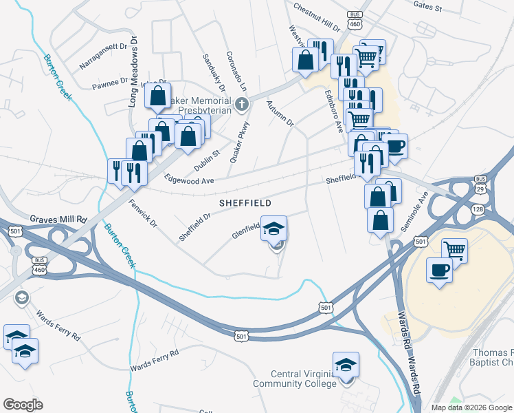 map of restaurants, bars, coffee shops, grocery stores, and more near in Lynchburg