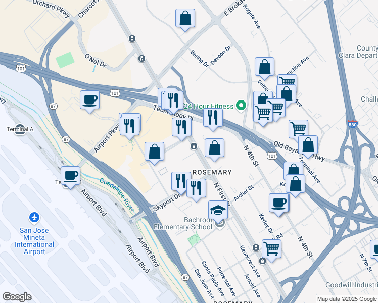 map of restaurants, bars, coffee shops, grocery stores, and more near 1733 North 1st Street in San Jose
