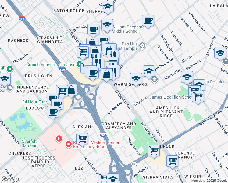 map of restaurants, bars, coffee shops, grocery stores, and more near 259 North Capitol Avenue in San Jose