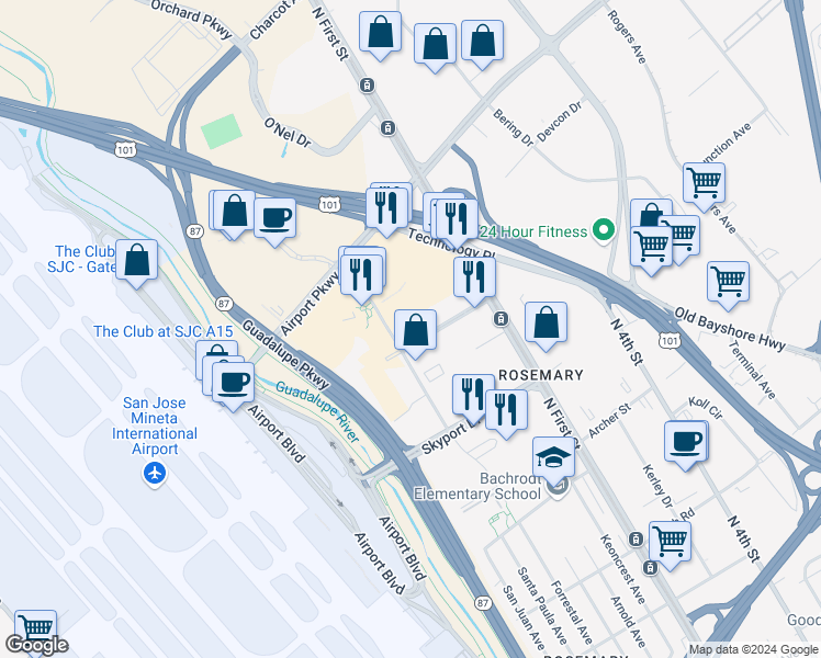 map of restaurants, bars, coffee shops, grocery stores, and more near 1740T Metro Drive in San Jose