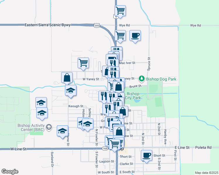 map of restaurants, bars, coffee shops, grocery stores, and more near 779 North Main Street in Bishop