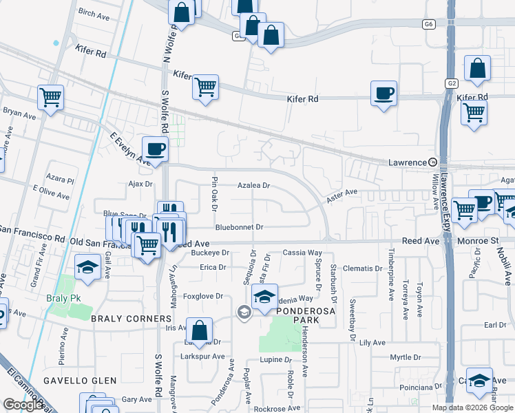map of restaurants, bars, coffee shops, grocery stores, and more near 474 Sequoia Drive in Sunnyvale