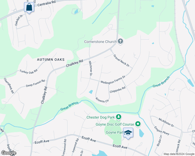 map of restaurants, bars, coffee shops, grocery stores, and more near 10612 Krenmore Lane in Chester