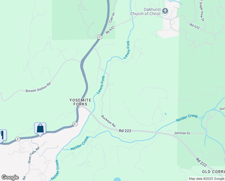 map of restaurants, bars, coffee shops, grocery stores, and more near 42583 Shady Lane in Oakhurst