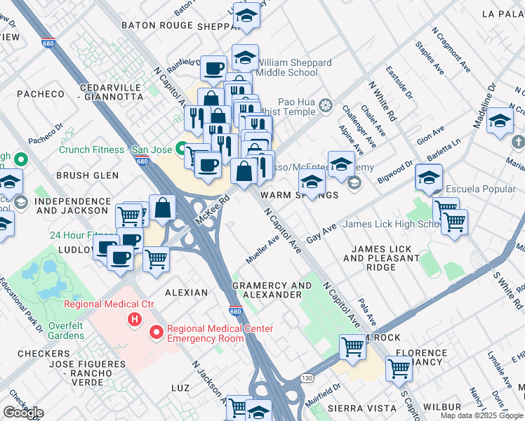 map of restaurants, bars, coffee shops, grocery stores, and more near 259 North Capitol Avenue in San Jose