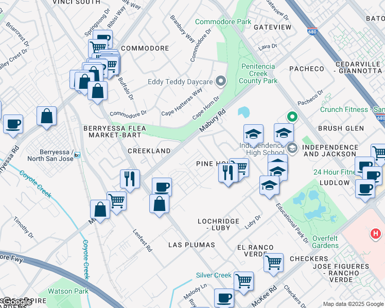map of restaurants, bars, coffee shops, grocery stores, and more near 1967 Nevets Lane in San Jose