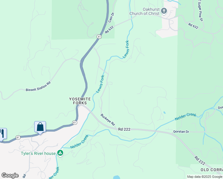 map of restaurants, bars, coffee shops, grocery stores, and more near 42583 Shady Lane in Oakhurst