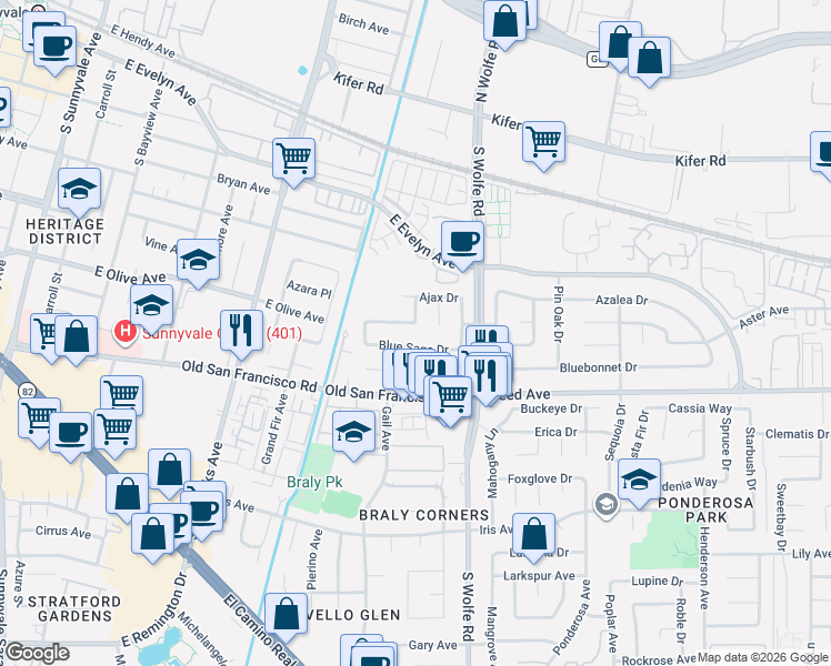 map of restaurants, bars, coffee shops, grocery stores, and more near 766 Blue Sage Drive in Sunnyvale