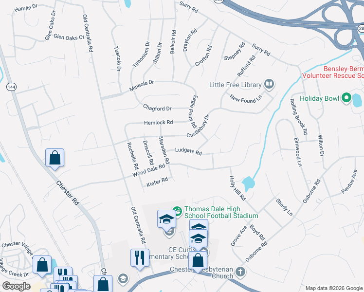 map of restaurants, bars, coffee shops, grocery stores, and more near 3537 Ludgate Road in Chester