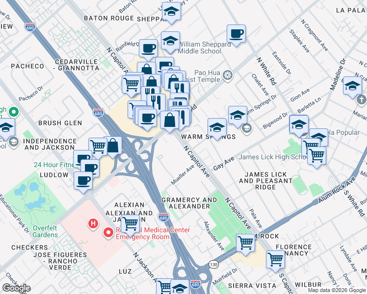 map of restaurants, bars, coffee shops, grocery stores, and more near 247 North Capitol Avenue in San Jose