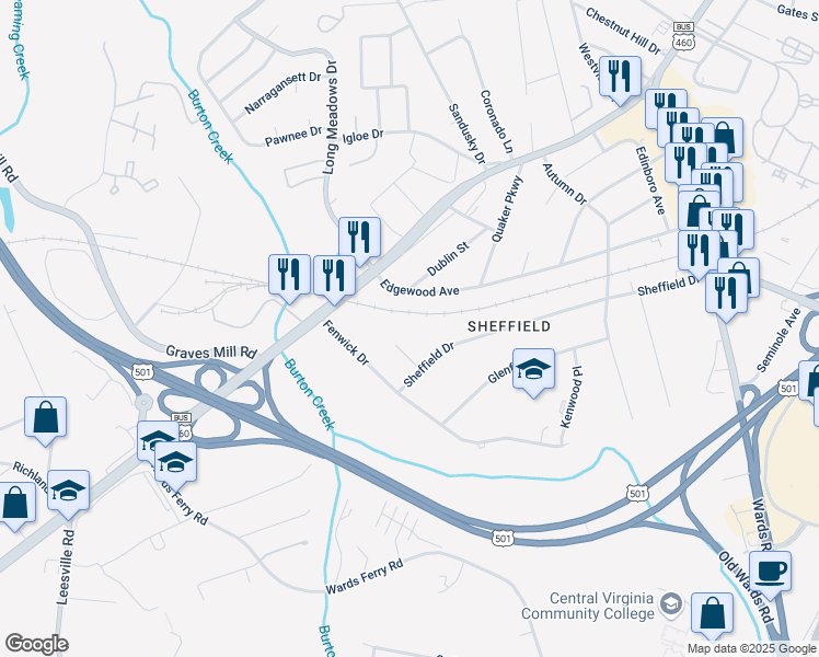 map of restaurants, bars, coffee shops, grocery stores, and more near 1204 Regent Place in Lynchburg