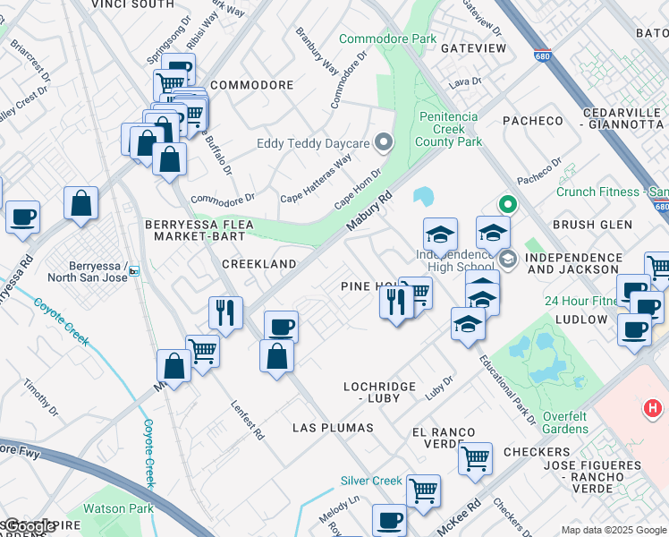 map of restaurants, bars, coffee shops, grocery stores, and more near 1967 Nevets Lane in San Jose