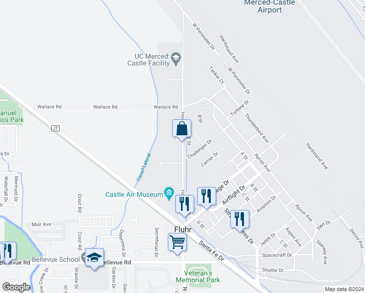 map of restaurants, bars, coffee shops, grocery stores, and more near Challenger Drive in Atwater