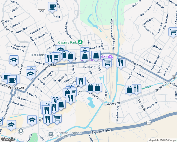 map of restaurants, bars, coffee shops, grocery stores, and more near 417 Bluefield Ave in Princeton