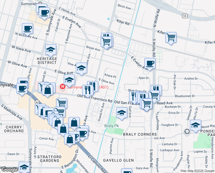 map of restaurants, bars, coffee shops, grocery stores, and more near 664 Begonia Way in Sunnyvale