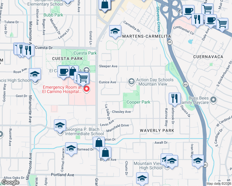 map of restaurants, bars, coffee shops, grocery stores, and more near 2615 Swanson Way in Mountain View