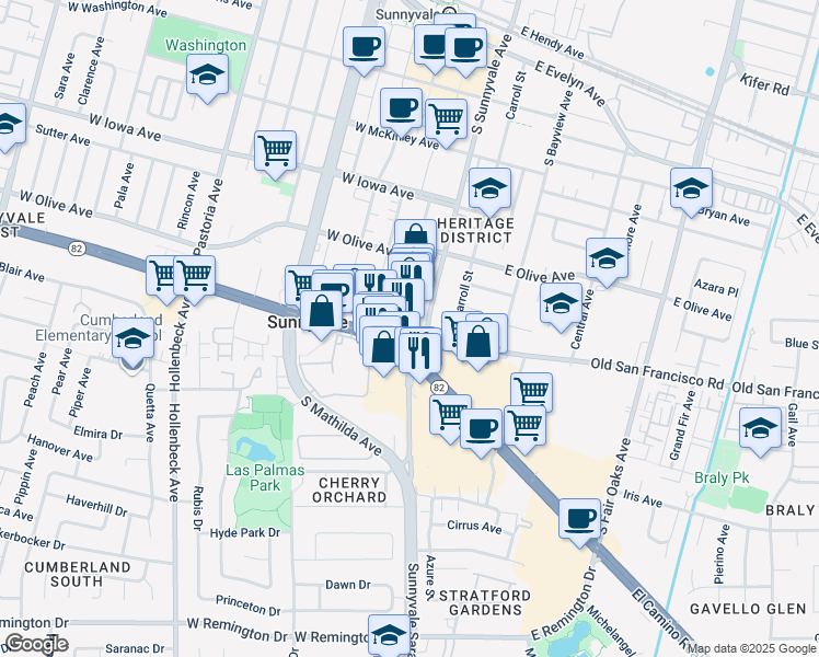 map of restaurants, bars, coffee shops, grocery stores, and more near 103 East El Camino Real in Sunnyvale