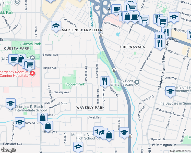 map of restaurants, bars, coffee shops, grocery stores, and more near 2504 Franklin Avenue in Mountain View