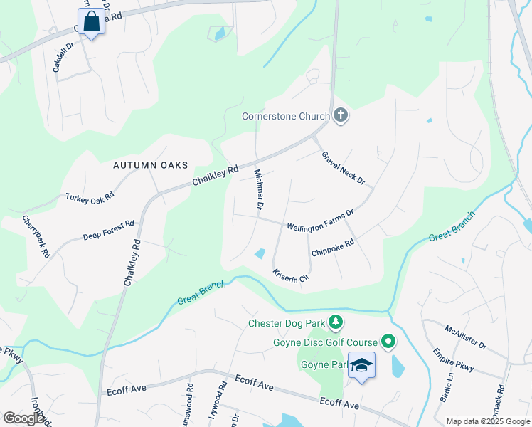 map of restaurants, bars, coffee shops, grocery stores, and more near 10661 Michmar Drive in Chester