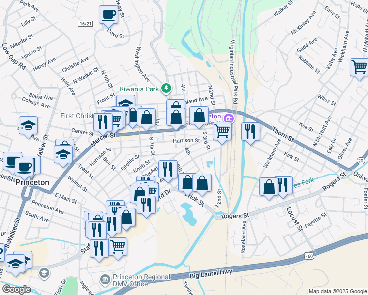 map of restaurants, bars, coffee shops, grocery stores, and more near 417 Bluefield Ave in Princeton