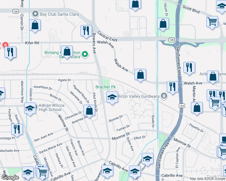 map of restaurants, bars, coffee shops, grocery stores, and more near 2600 Cortez Drive in Santa Clara