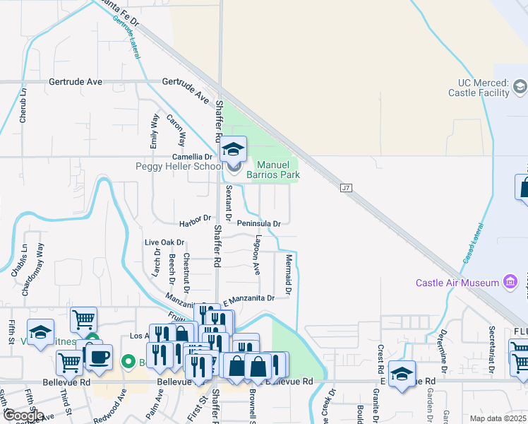 map of restaurants, bars, coffee shops, grocery stores, and more near 3326 Lagoon Avenue in Atwater