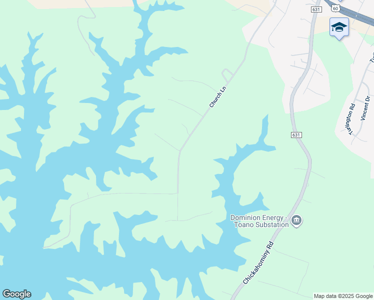map of restaurants, bars, coffee shops, grocery stores, and more near 7416 Church Lane in Toano