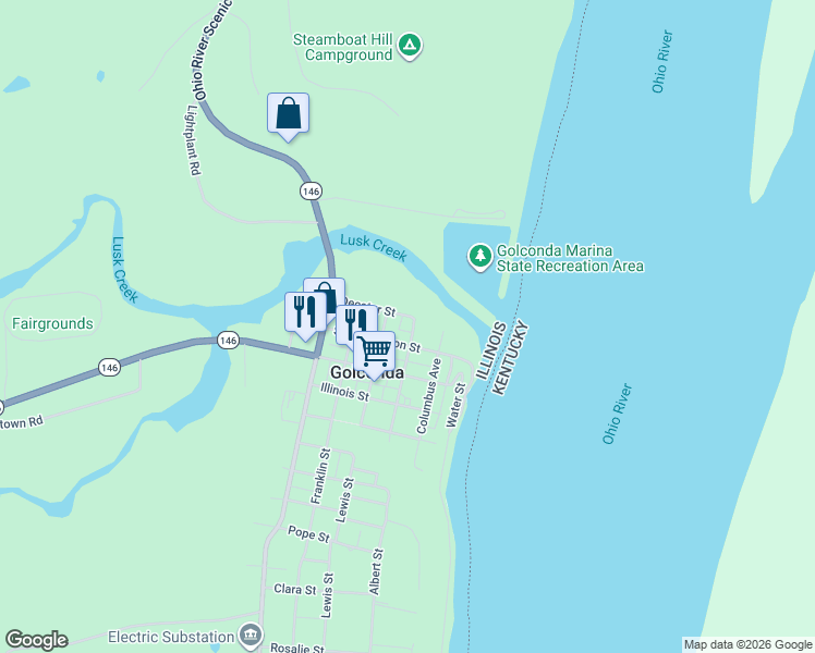 map of restaurants, bars, coffee shops, grocery stores, and more near 300-306 South Washington Street in Golconda